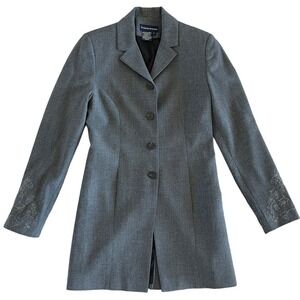 Tristan & Iseut Blazer Women 2 Grey Longline Embroidered Cuffs Jacket Officecore